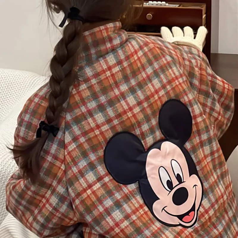 Disney Cartoon Mickey New Plaid Cotton Jacket Women's Winter Korean Version Loose Cotton Coat Fashion Casual Warm Versatile Coat