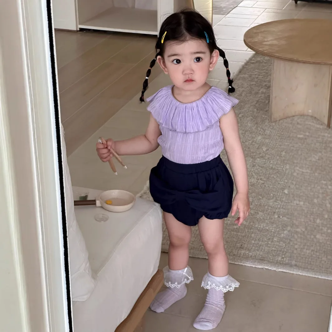 

Summer Baby Girl Purple Ruffle Edge Shirt Top Blue Bow Climbing Suit Solid Fashion Casual Baby Infant Suit Set