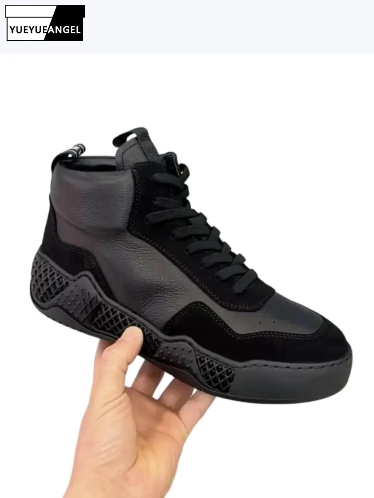 

British Style Male Black Lace-Up Cow Leather Sneakers Winter High Top Shoes Men Thick Platform Footwear Casual Shoes Hot Sale