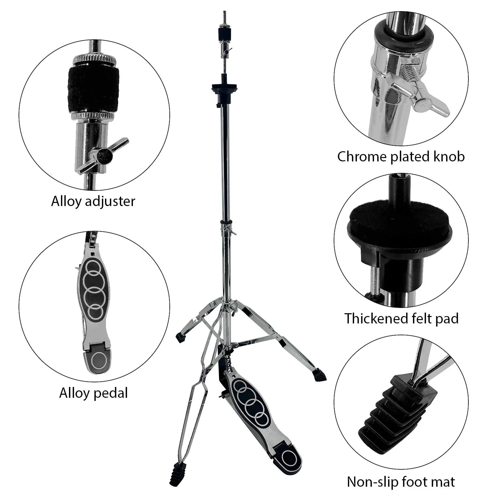 Cymbal Stand Portable Hi-Hat Stand w Smooth Pedal 3Legs Support Adjustable Height Practice Cymbal Holder for Universal Cymbal