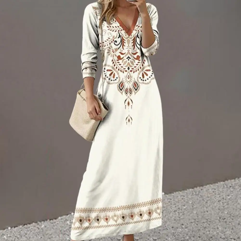 Europäische und amerikanische Frauen Bohemian Kleid lässig Boho-Stil lang ärmel igen V-Ausschnitt ethnischen Stil drucken Maxi kleid Party kleider