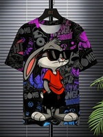 Men's 3D Rabbit Print T-Shirt | Soft Stretch Polyester Fabric | Casual Summer Knit Top with Bold \\