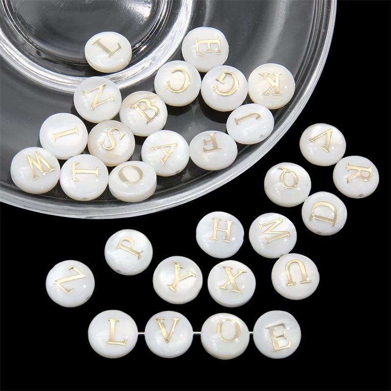 1pcs 8mm Natural Shell with Gold Foil Beads White Alphabet Letter Beads Charm for Necklace Bracelet DIY Jewelry Making