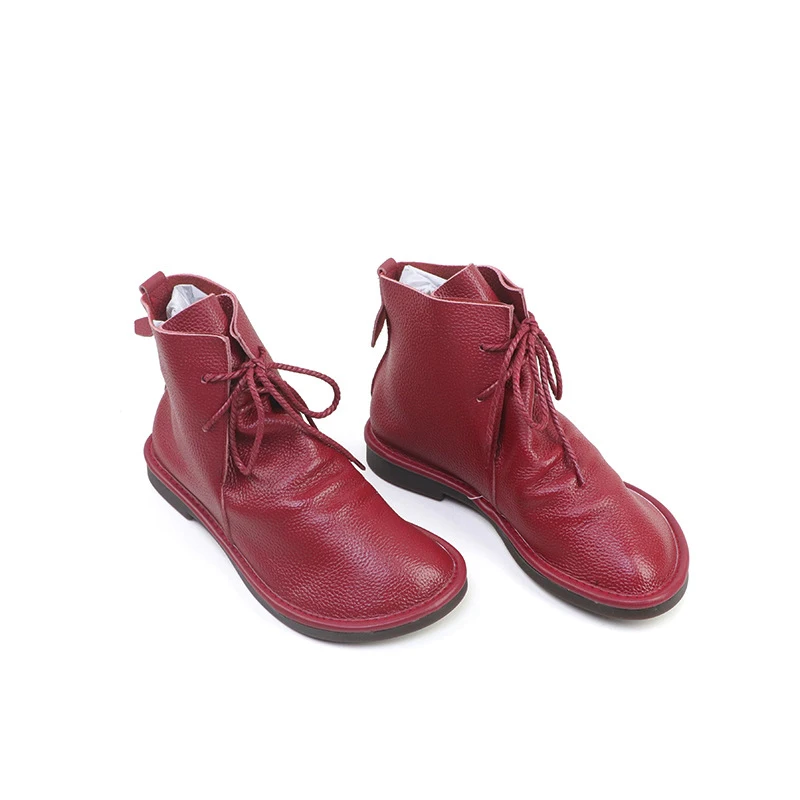 

Красные ботильоны Birkuir для женщин, короткие ботинки из натуральной кожи на мягкой подошве, туфли на плоской подошве с круглым носком, обувь ручной работы на шнуровке, короткие ботинки