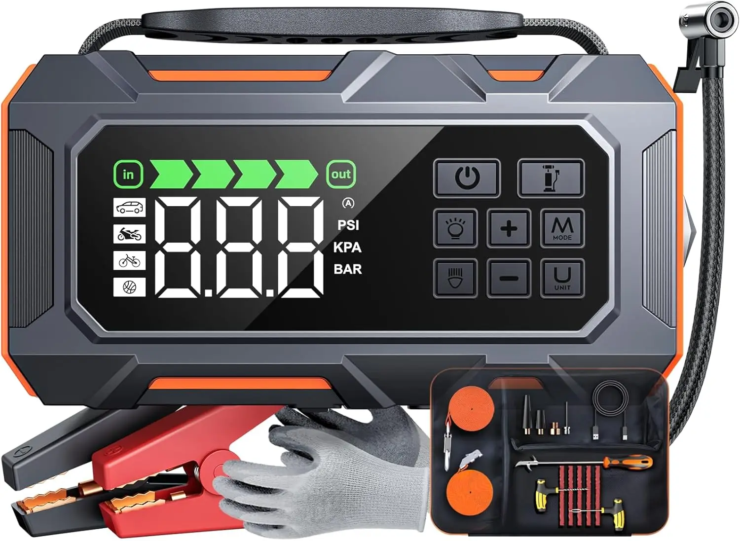 

Портативное пусковое устройство 8000A с воздушным компрессором, аварийный комплект 16-в-1 для всех бензиновых и дизельных автомобилей объемом 14 л