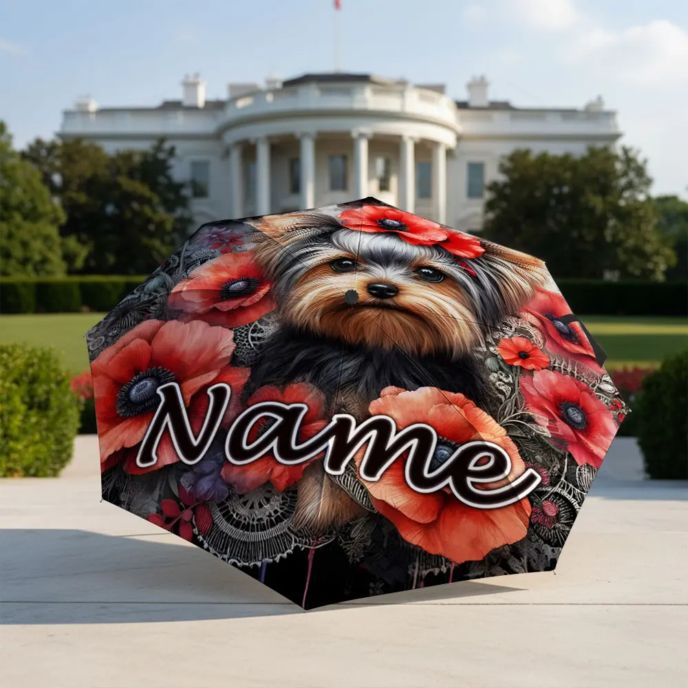 Custom Name Umbrella Yorkshire Terrier Dog Red Poppy Flower Lace Vintage Print Folding Umbrella Compact Portable Travel Parasol