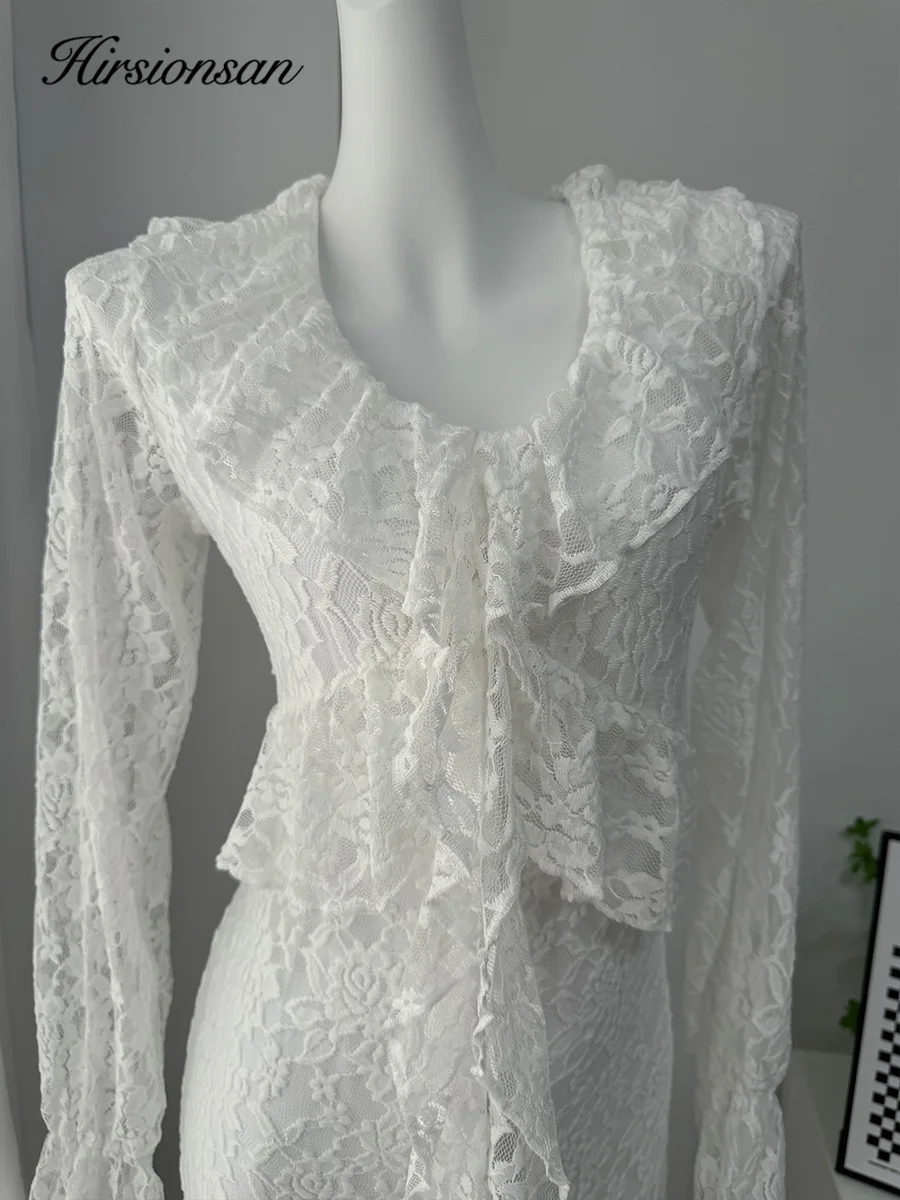 Hirsionsan Lace Elegant Dress Women Floral Graphic Chic Maxi Dresses with Ruffles Sexy Autumn V Neck Party Dress for Female 2025