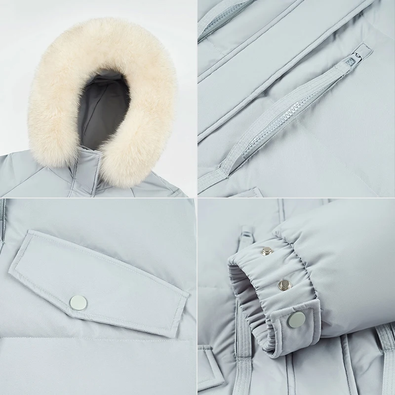 Chericom レディース ブラック ミッドレングス ダウンジャケット ホワイトファー フード付き パファージャケット 暖かい冬用パーカー ルーズフィット パッド入りコート Y278102Y