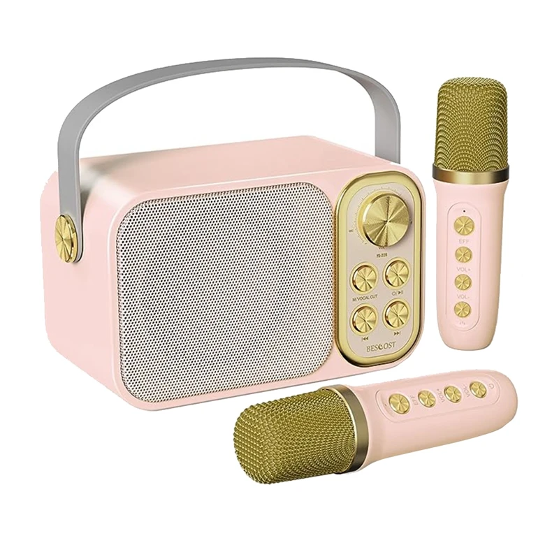 1 Sets Mini Karaoke Machine Pink With 2 Wireless Microphones Portable Bluetooth Speaker For Kids