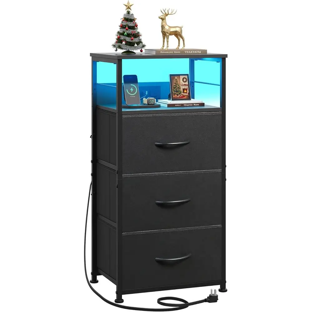 

Contemporary 31.9 Charging Station Nightstand with Fabric Drawers, LED Light, USB & Outlets, Ideal for Bedroom, Dorm, Entryway,