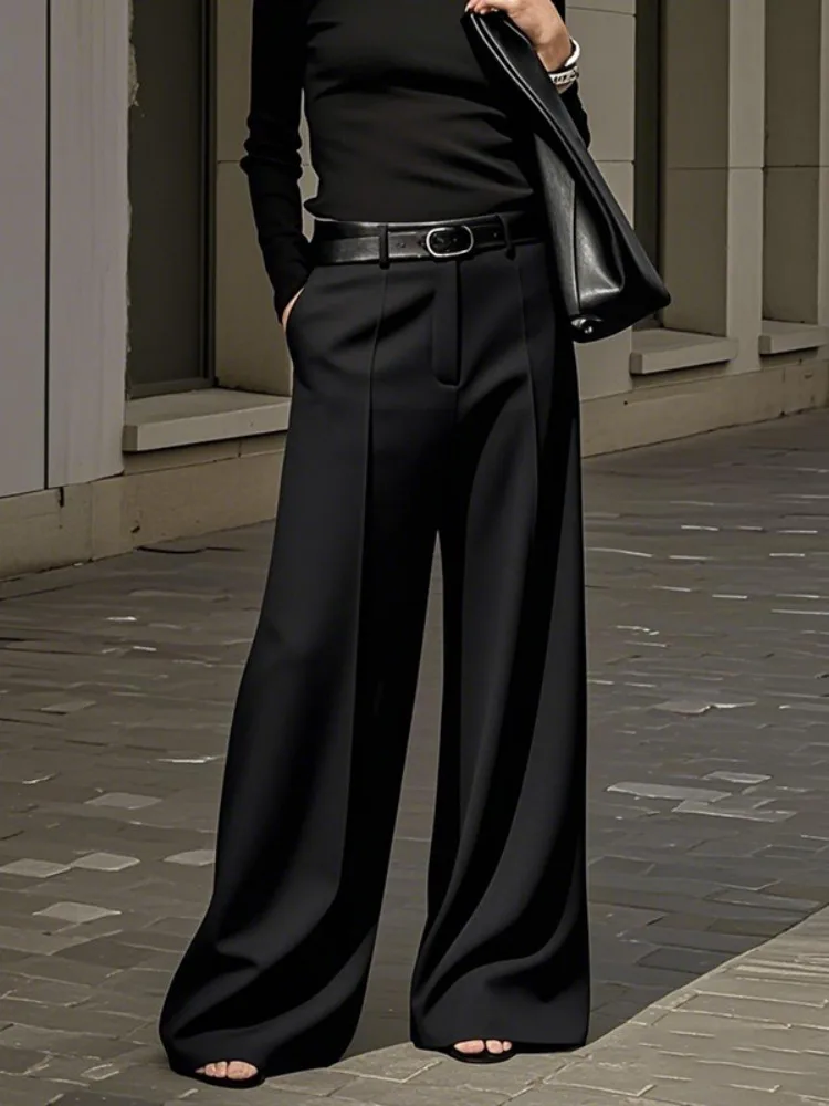 

UOOZEE Office Lady Black White Solid Color Wide Leg Pants 2025 New Elastic High Waist Urban Commute Simple Trousers No Belt