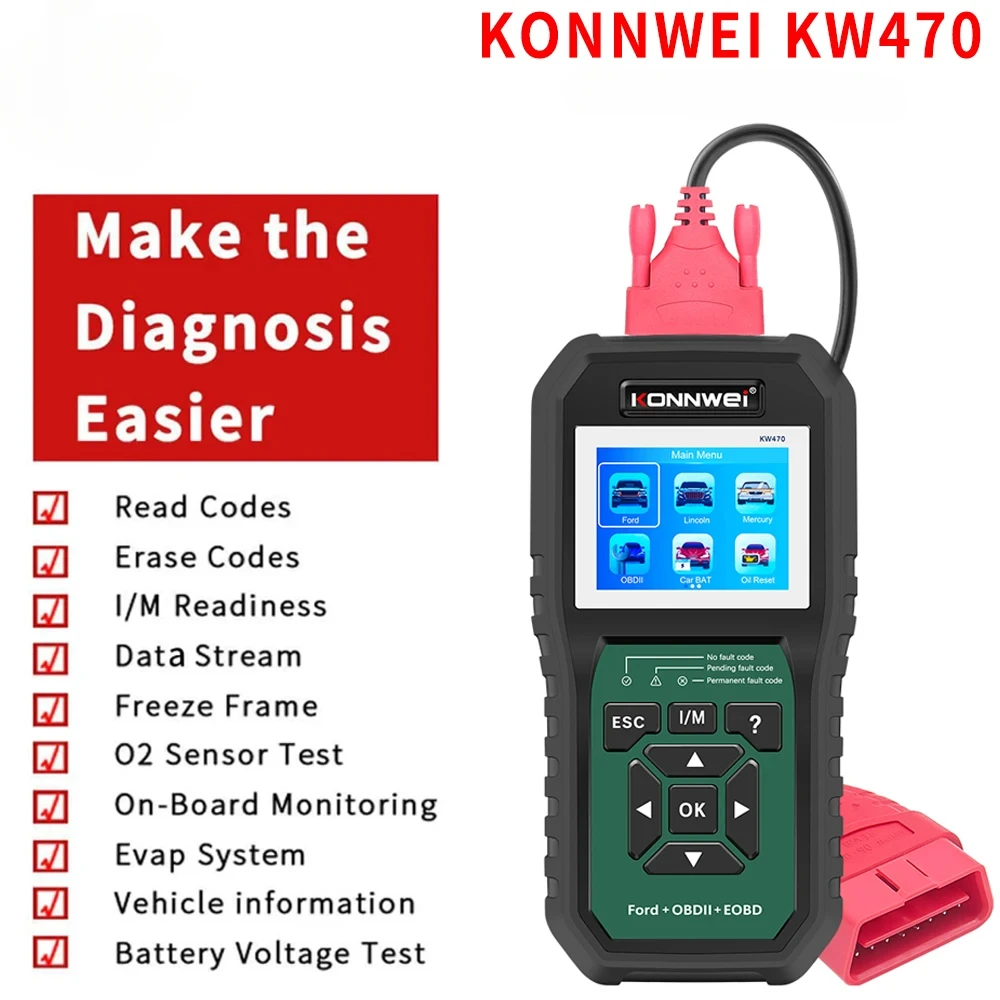 

KONNWEI KW470 OBD2 тестер батареи диагностический сканер считыватель кодов OBD 2-функциональная замена для ABS SRS инструмент сброса масла/SAS/BMS