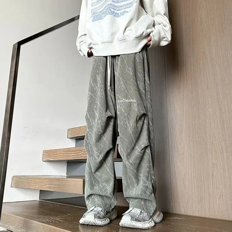 Pleated Corduroy Straight Pants Men Hip Hop Print Streetwear Baggy Wide-legged Pants Vintage Harajuku Y2k Trouser Spring Autumn