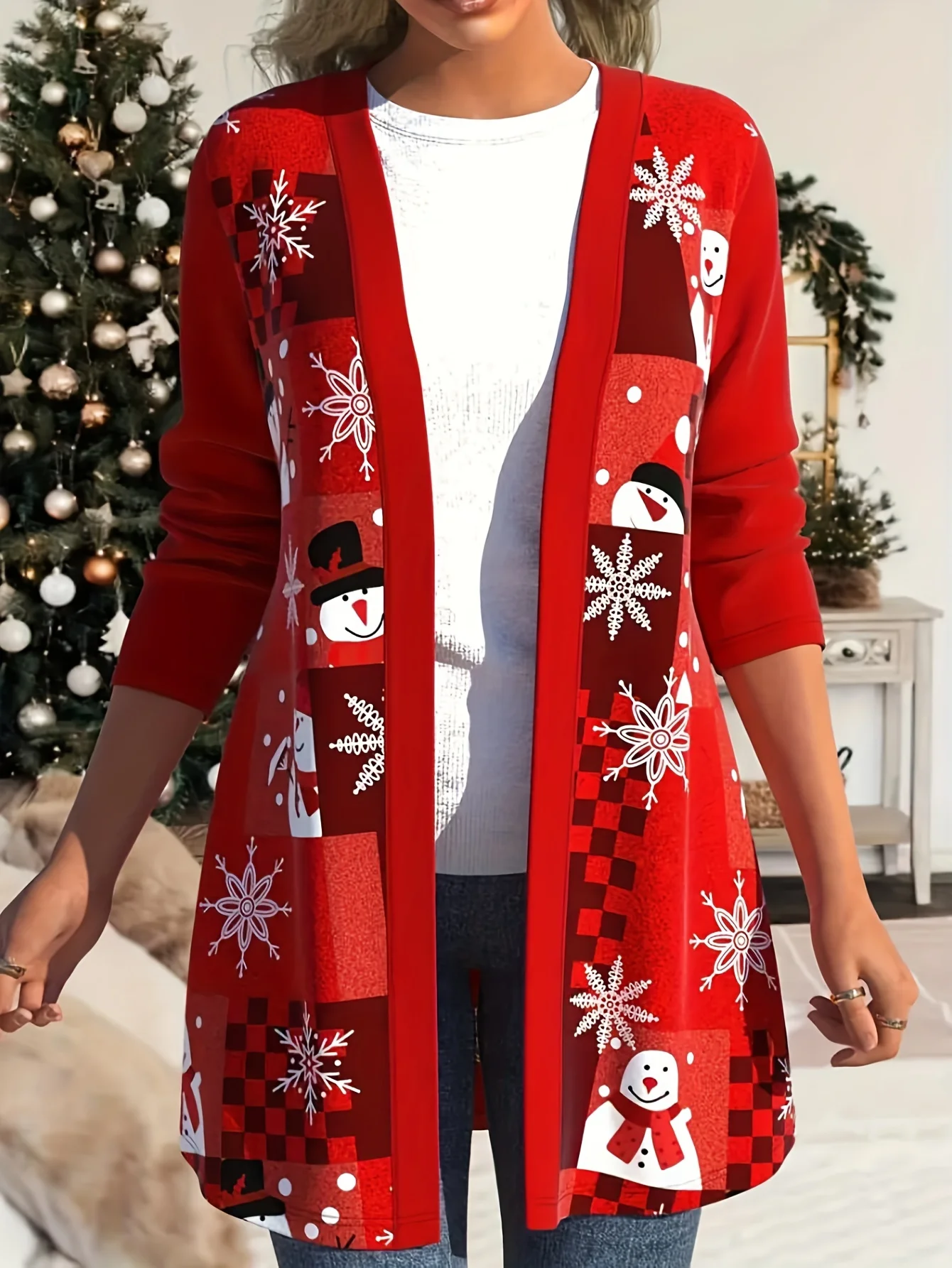 Plus Size Christmas Knit Open-Front Cardigan With Random Print Polyester And Spandex Blend Machine Washable Elegant Style