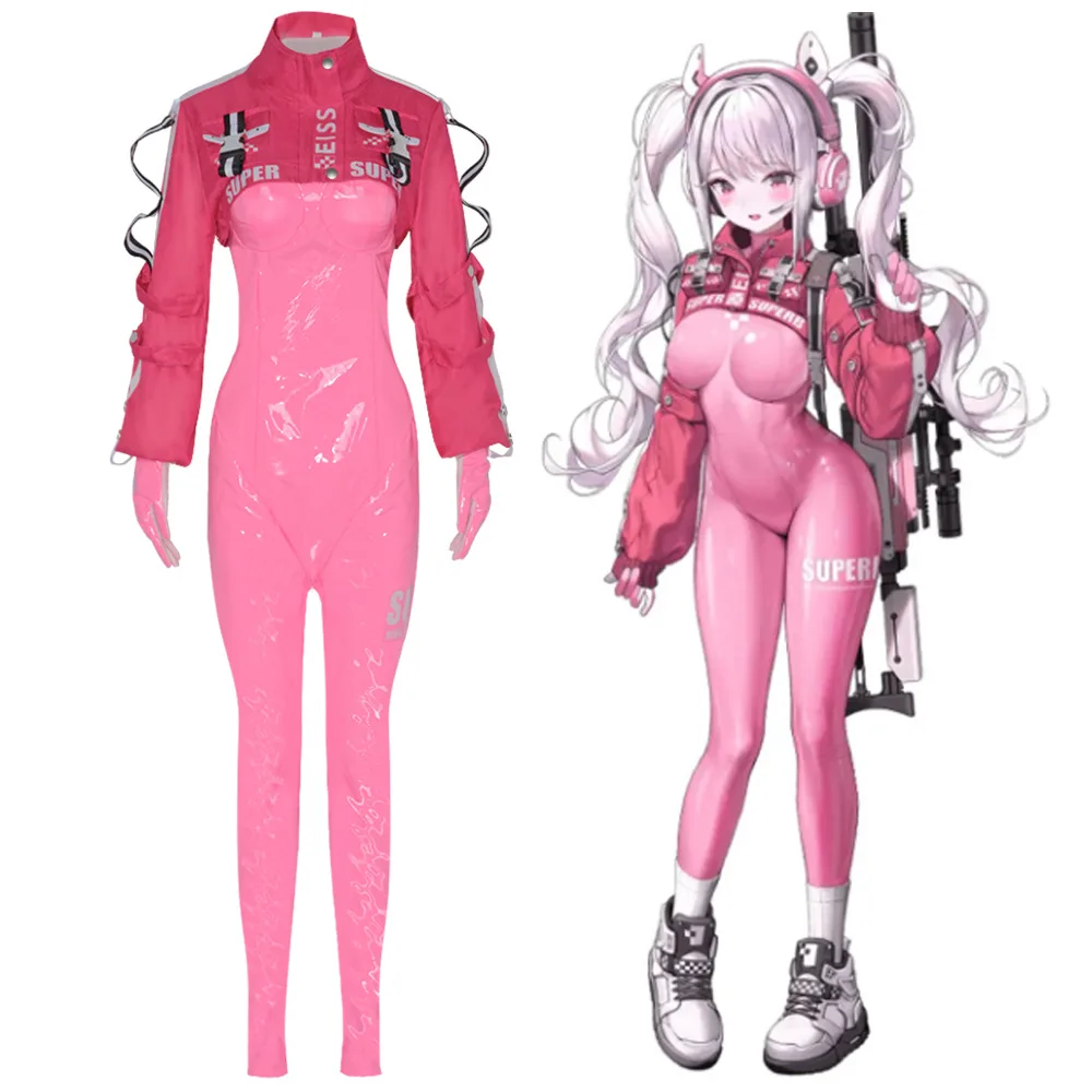 

Alice Cosplay Costume Game Nikki Alice Pink Sexy Tight Leather Bodysuit Wig Prop Set Victory God Halloween Costume for Women