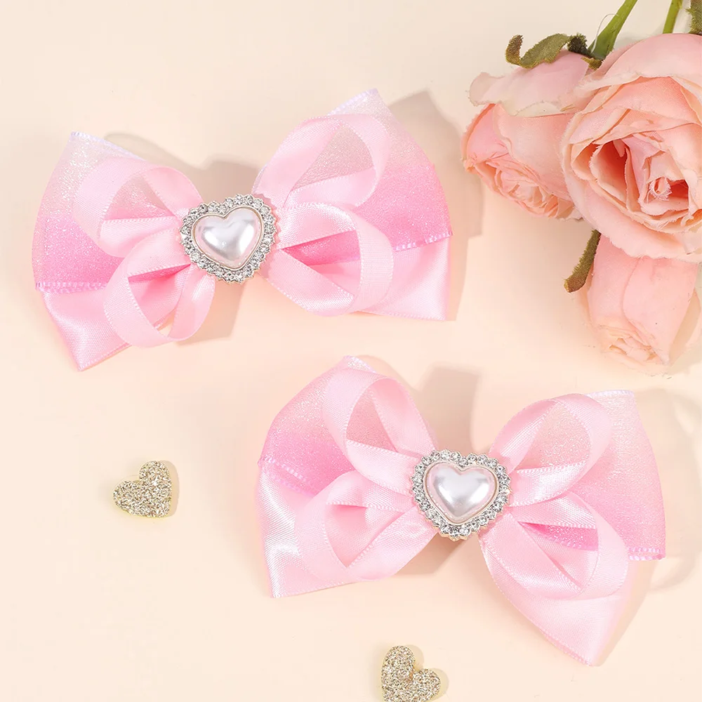 

2 шт., шифоновый бант, аксессуар для волос, милая розовая заколка принцессы для девочек, простая заколка для волос в форме сердца со стразами и бантом, головной убор