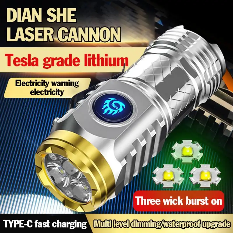 LED Mini Flashlight Type-C Rechargeable Waterproof 3rd Gear Adjustable Brightness Strong Lright Self Defense Flashlight Powerful