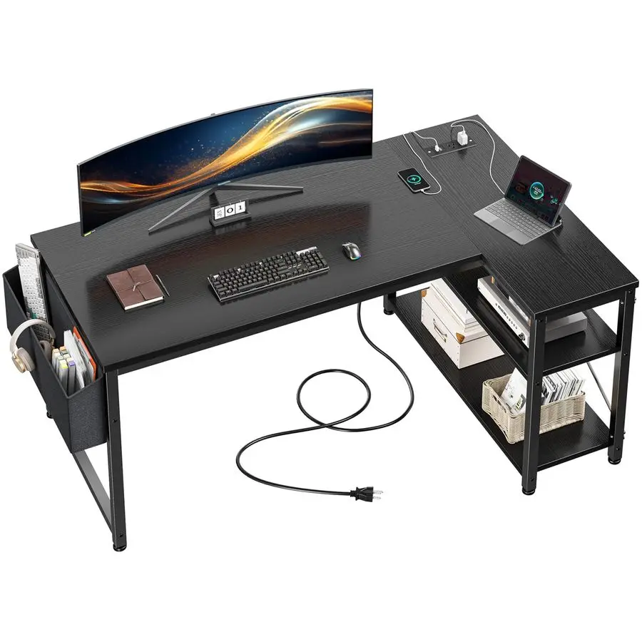 

48 L Shaped Desk Office Desk with Power Outlets,Computer Desk with Reversible Storage Shelves amp Side Bag,Small Gaming Desk for