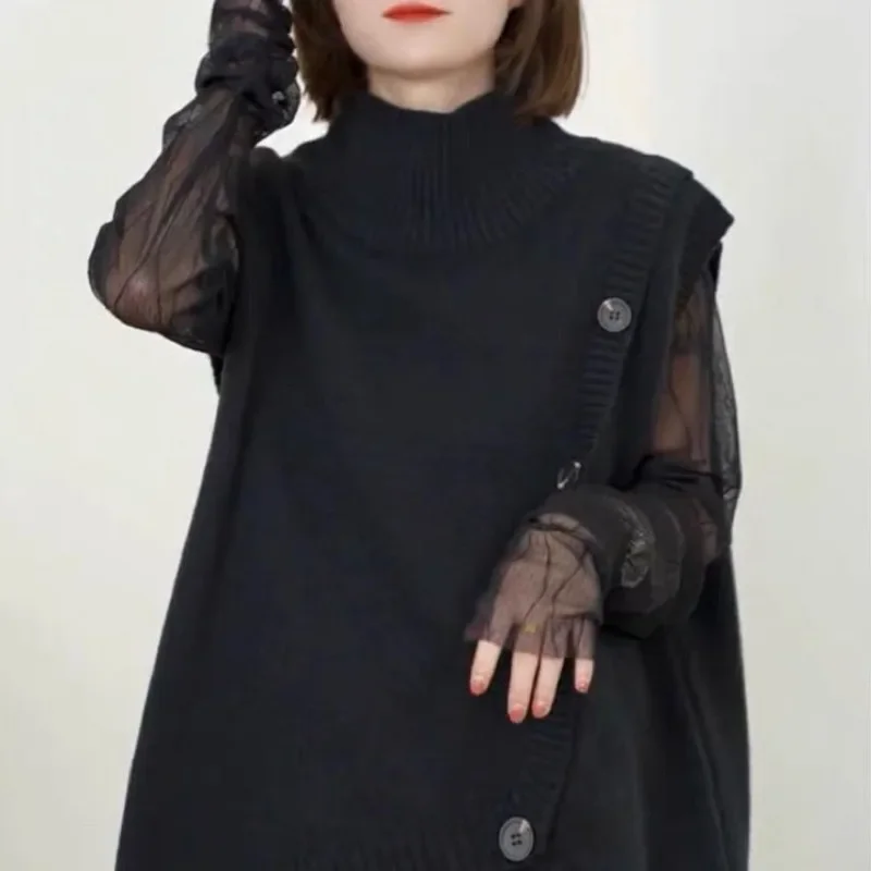 

Women's Stylish High Neck Solid Color Irregular Knit Vest Korean Version Loose Wearable Sleeveless Sweater Cape Autumn Winter