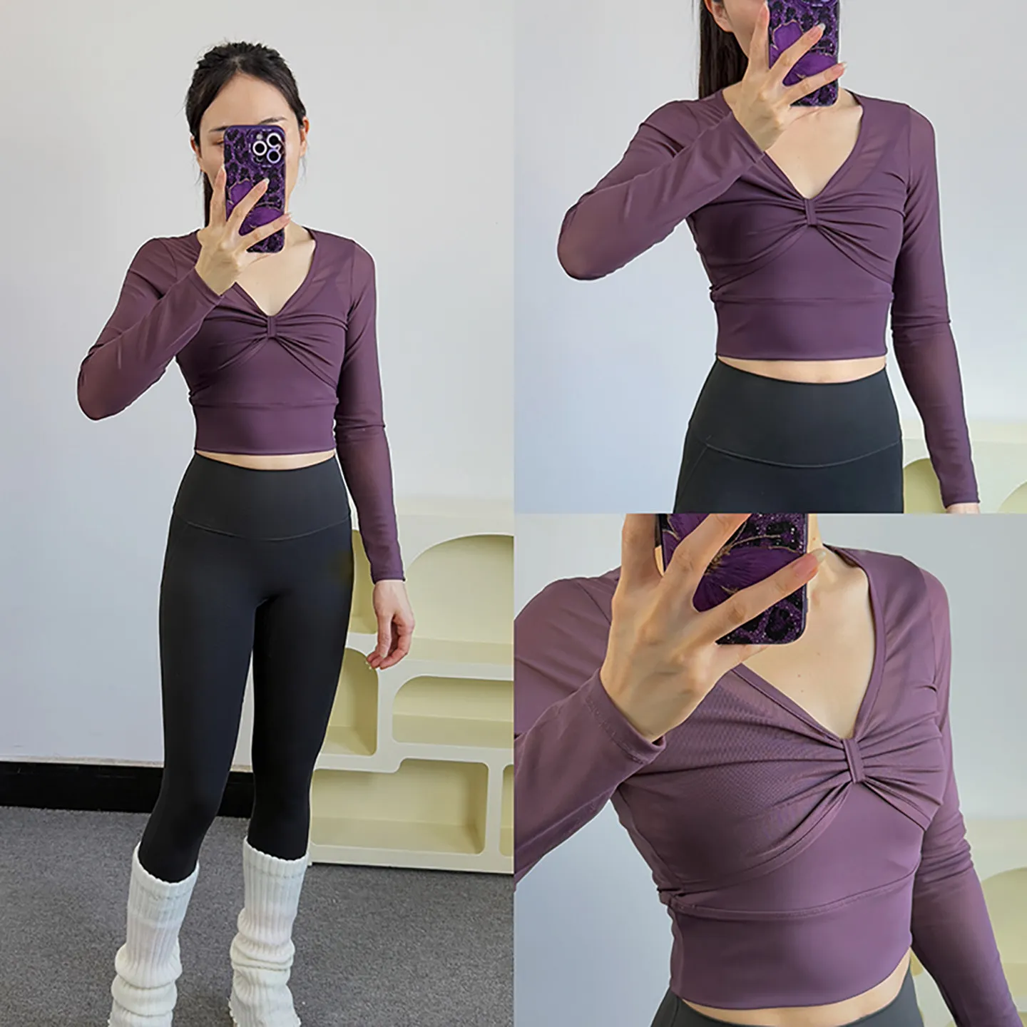 Yoga Wear Sheer Mesh Mock Two-Piece with Built-In Bralette, V-Neck, Long Sleeves, Women's Training Running Fitness Wear, Pilates