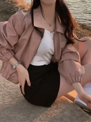 2025 Primavera Faion ort Pelle Jaet Donna Casual Versatile Design con cerniera Colletto Top Coreano Sle Streetwear