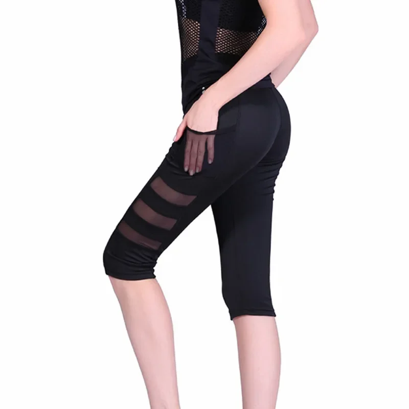 Pantaloni da yoga elastici con tasca solida in rete da donna che corrono allenamento nero palestra legging fitness sport femminili