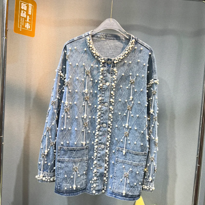 

Luxury Pearl Beads Diamonds Women Denim Jackets 2024 New Autumn All-match O-neck Loose Mid-long Long Sleeve Jean Cardigans Coat