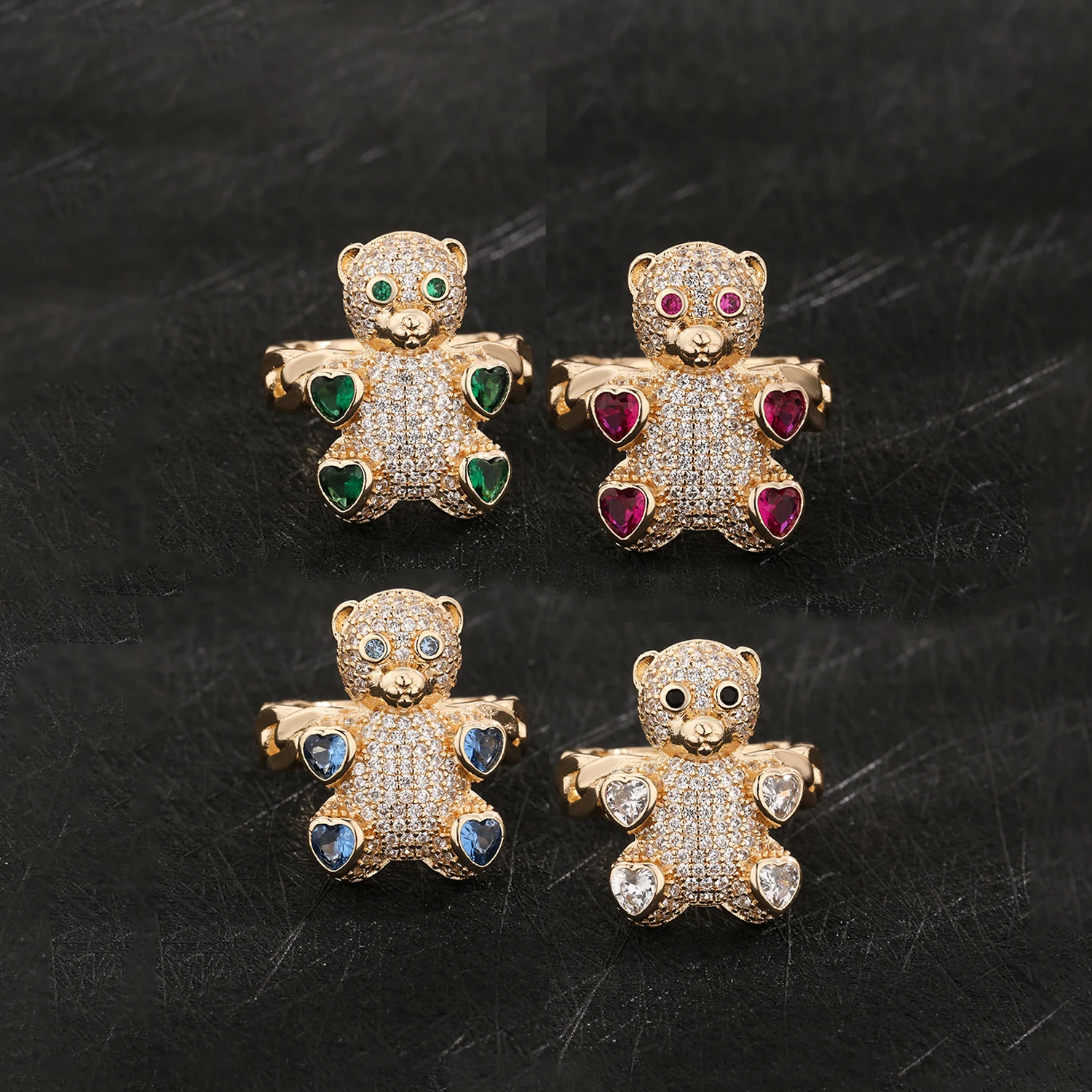 Original four-legged bear ring, love original zircon copper material teddy bear jewelry gift ring for friends wholesale price