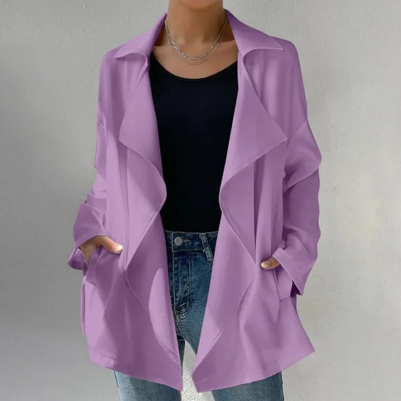 2023 New Autumn Fashion Casual Lapel Solid Color Patchwork Temperament with Slim Fitting Commuter Women's Pocket Trench Coat