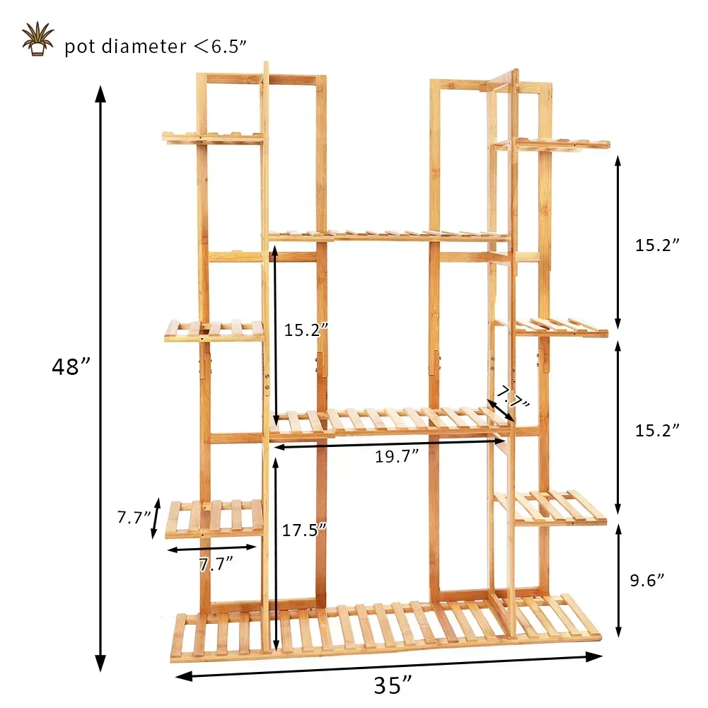 Suporte de bambu para plantas de 9 camadas, vaso de flores, prateleira de armazenamento de livros para jardim, varanda, sala de estar