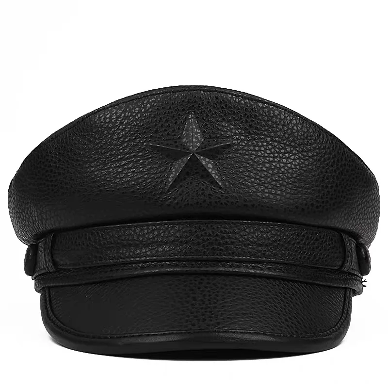 Army Cap for Men Retro German Flat Military Genuine Leather Black Brown Falt Hats European Belt Chapeau Cowhide