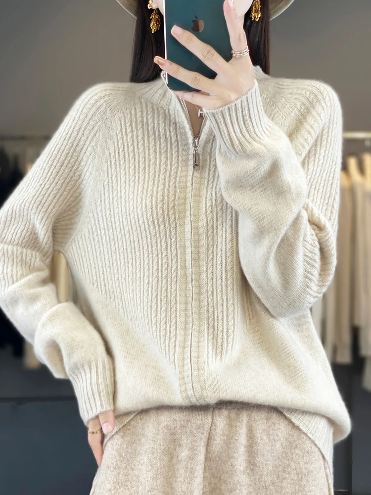 High Quality Women Zipper Overcoat Autumn Winter Mock Neck Striped Cardigan Casual Cashmere Knitwear 100% Merino Wool Sweater