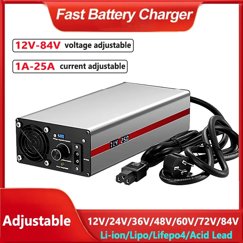 1A to 25A 12V to 84V 36V 48V 60V 72V 87.6V Li-ion Lifepo4 Lithium Battery Charger Voltage Current Adjustable Power Fast Charge