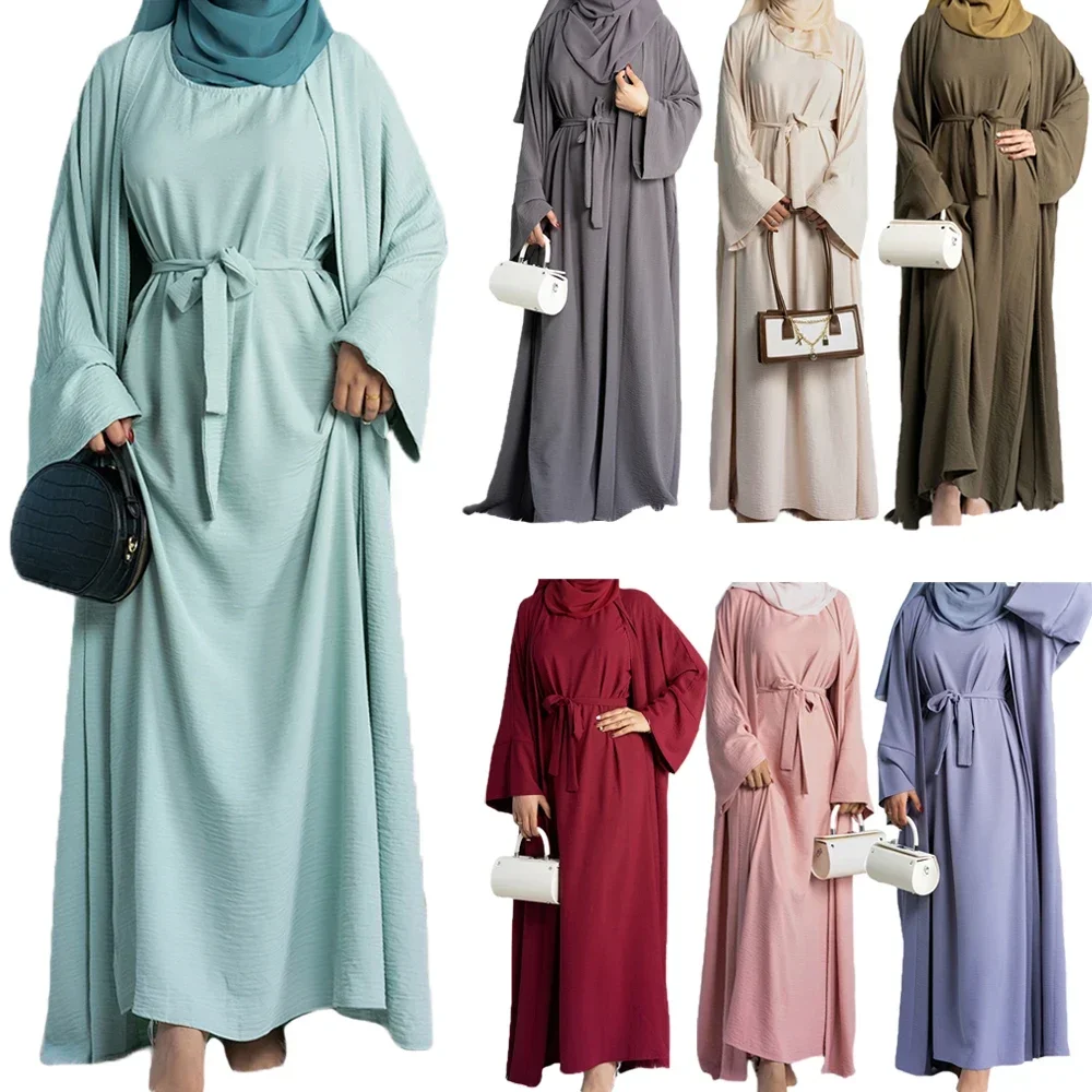 2 Piece Ramadan Open Abayas Dubai Sets Muslim Women Kimono Sleeveless Dress Set Turkey Islamic Arab Cardigan Caftan Robe Outfits