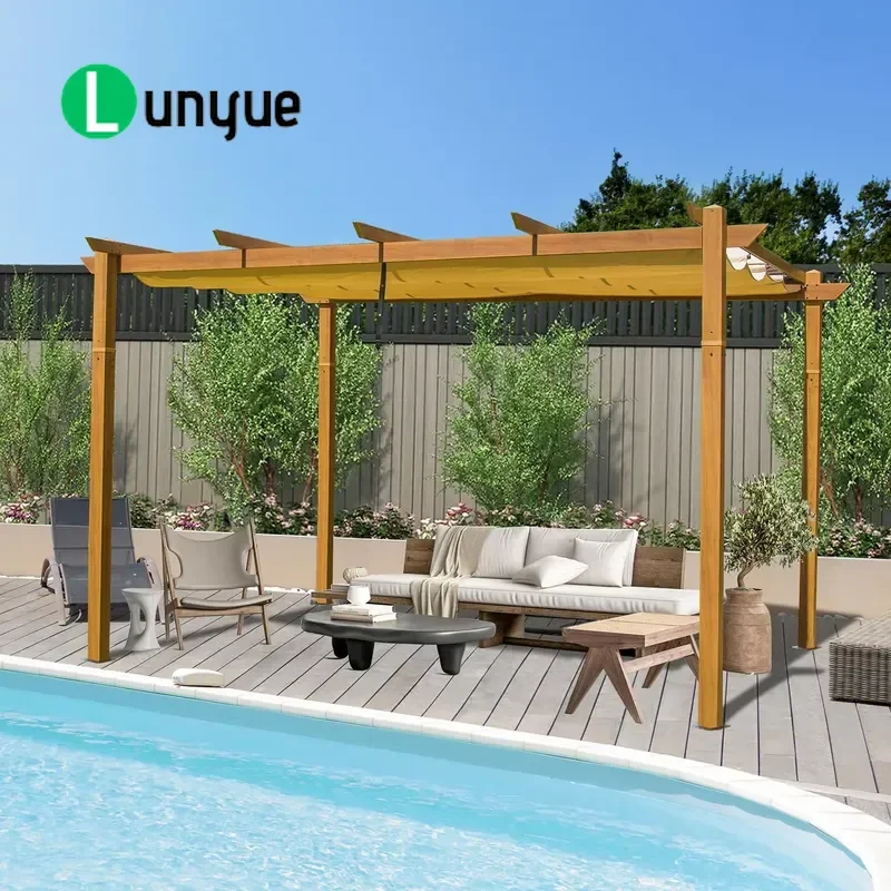 399x280cm Outdoor Telescopic Aluminum Garden Pergola Weather Resistant Canopy with Teak Coating for Patio Backyard