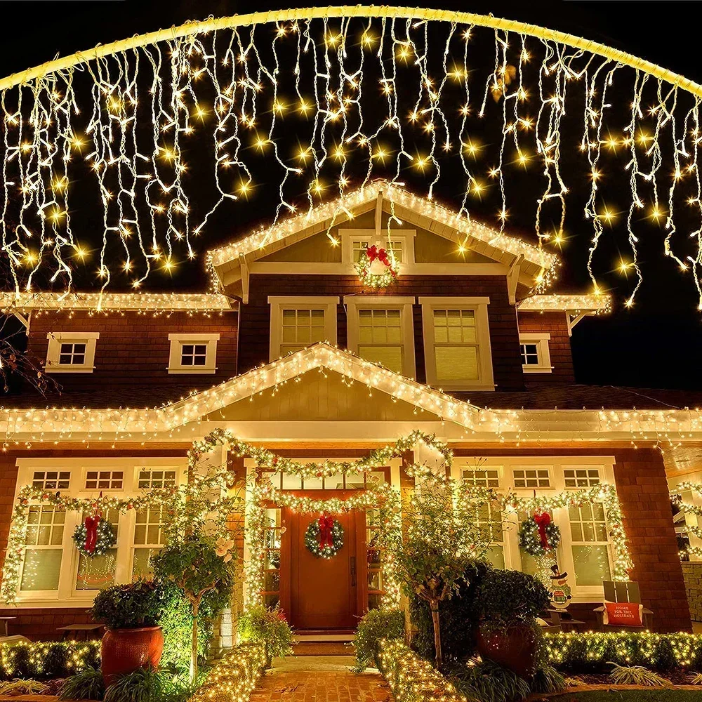 96LEDS Solar Curtain Icicle Light Outdoor Eaves Decor String Lights Garlands Garden Party Yard Christmas Decoration Holiday