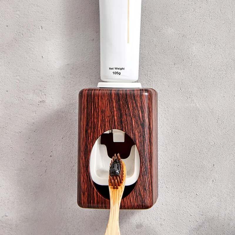 Wood Grain Wall-Mounted No-Punch Automatic Toothpaste Dispenser Toothpaste Frame Automatic Toothpaste Squeezer Household