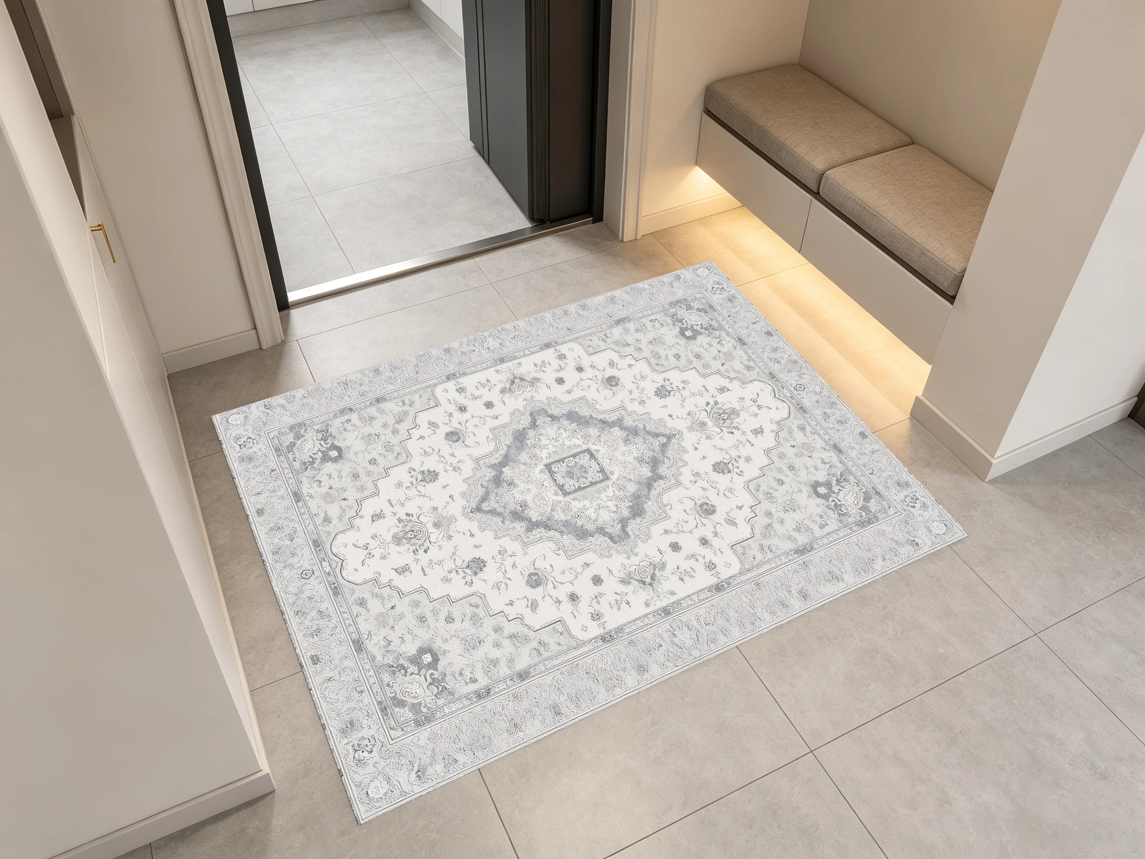 2D Velvet Rug in Light Beige-Gray with Vintage Persian Pattern Soft, Comfortable, and Suitable for Living Rooms and