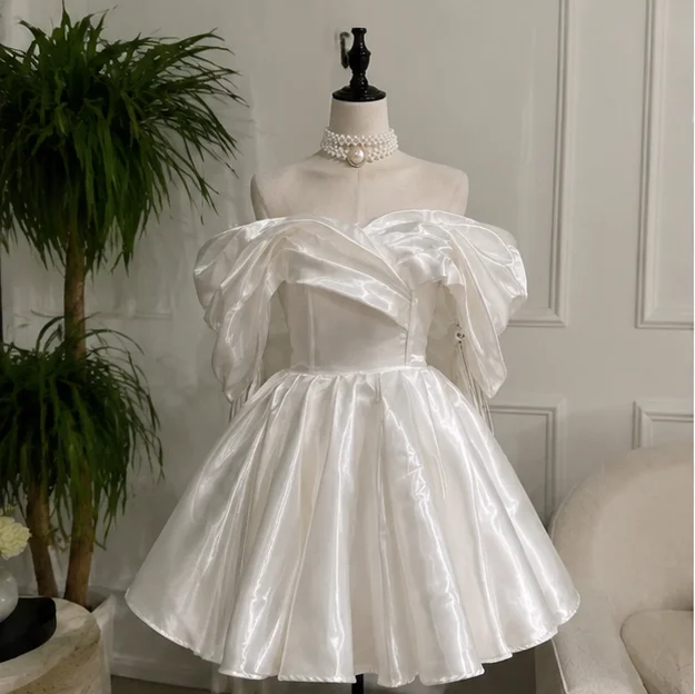 

White Off Shoulder Satin Homecoming Dress Short Formal Gown for Women Wedding Cocktail Party Graduation Dress Customized
