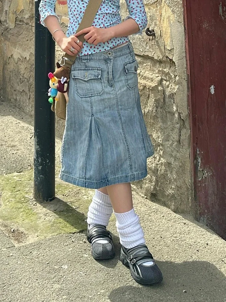 

Women's Millennium Sexy Design f-length Skirt High Waist Midi Pure Color Skirt Retro American Waed Denim Skirt