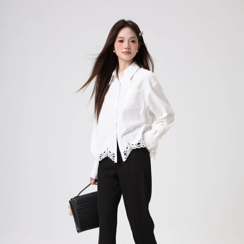 

Irregular Lace Women's Plain Lace Shirt Leisure Lapel Streetwear Korean Style Blouse White Simple Lace Shirts Tops Girls Gift