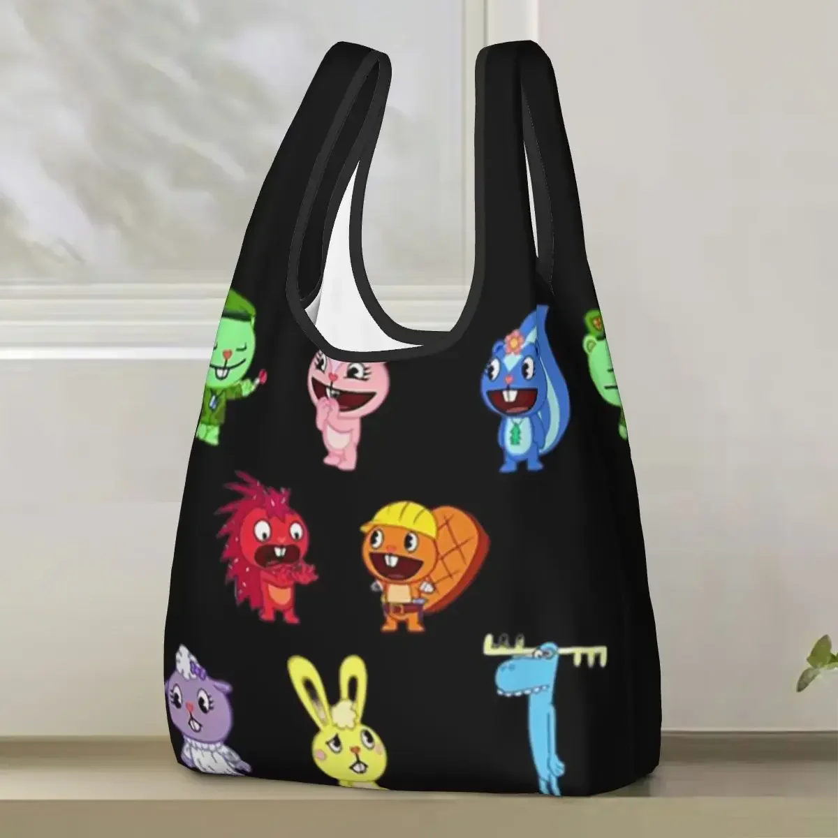 Happy Tree Friends Lumpy Flippy Cuddles Loving Family Portable Tote Bags Foldable Shoulder Shopper Bag Grocery Handbag