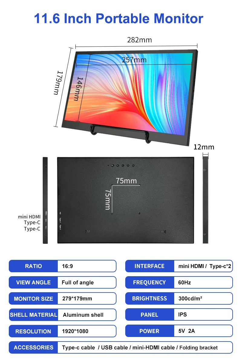 ZHIXIANDA 11.6 Inch 1920*1080 Màn Hình Rộng Di Động Màn Hình Mini HD-Đầu Vào CE ROHS