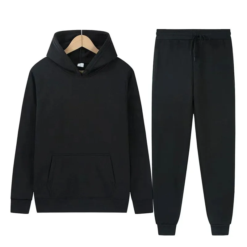 Felpa con cappuccio + pantaloni in tinta unita autunno e inverno da uomo Set da due pezzi Set sportivo casual alla moda Taglia S-3XL