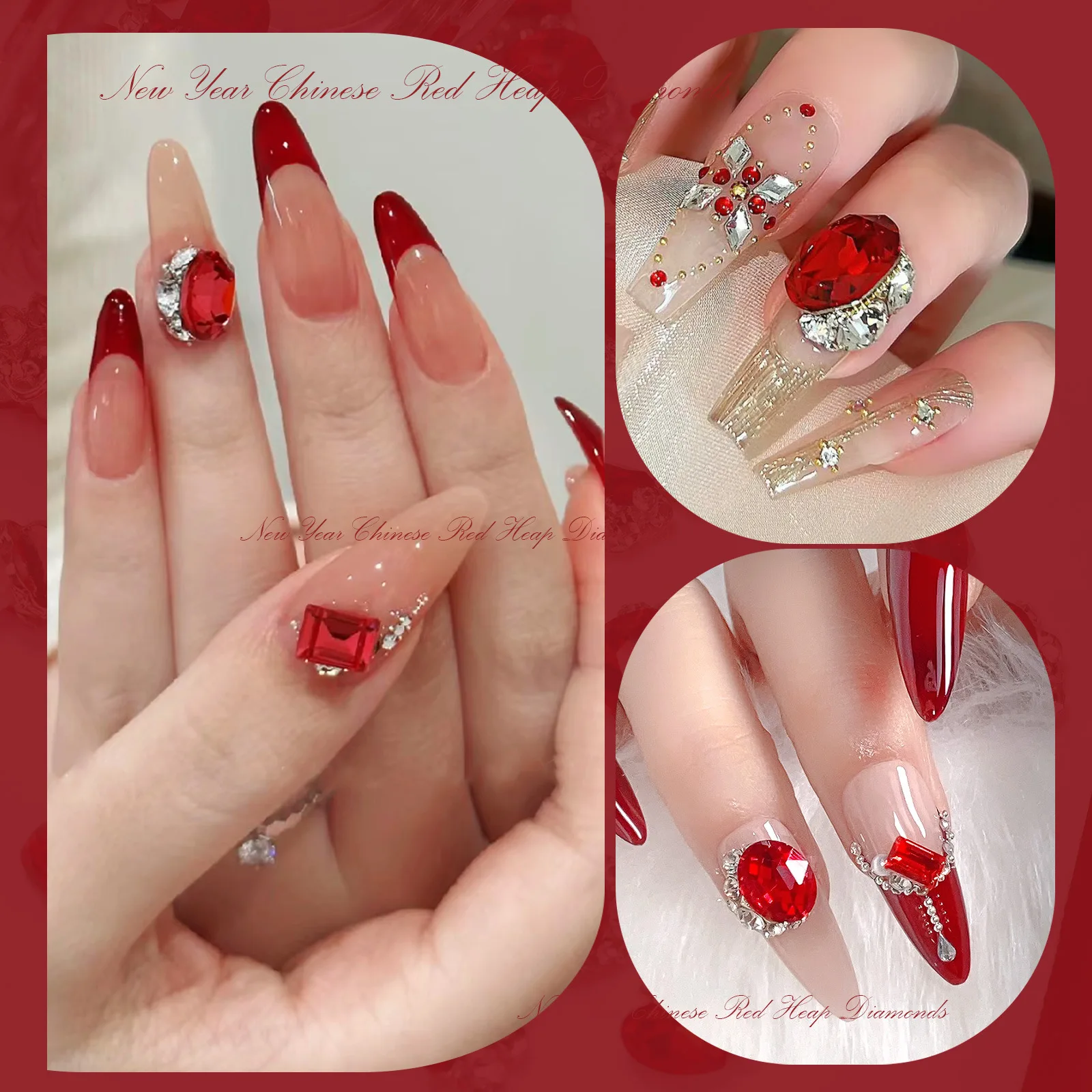 10Pcs Bordeaux Red Rhinestone Nail Decorations with Vintage Heart Design for Christmas Nail Art Accessories