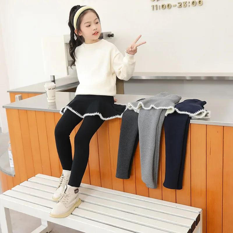 

Зимняя детская юбка для девочек, леггинсы, искусственная юбка из двух предметов, брюки, теплые хлопковые однотонные утолщенные брюки на флисовой подкладке