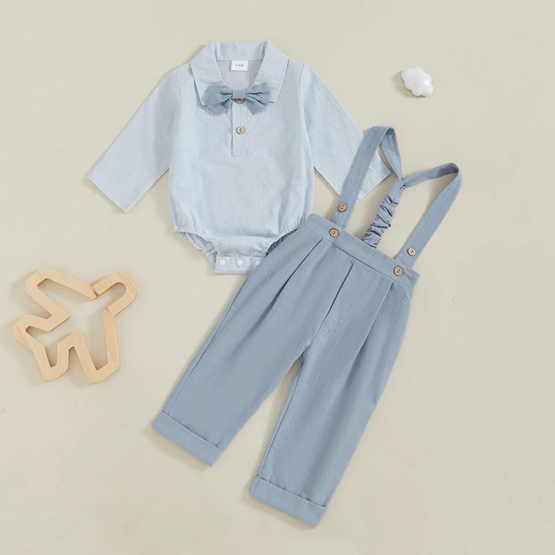 Autumn Baby Boy Gentleman Clothes for Kids Party Outfit Stripe Long Sleeve Bow Tie Bodysuit Suspender Pants Infant Suit