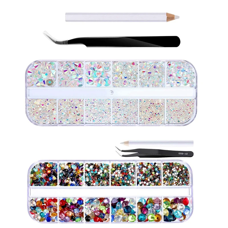 

2Set Flat Back Gems Round Crystal Rhinestones With Tweezer And Picking Pen For Crafts Nail Art DIY Clear AB & Multicolor