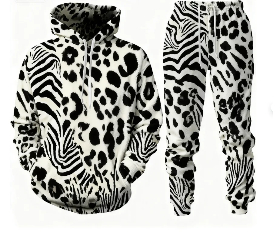 Hoodie Pants 2Pcs 3D Leopard Print Men's Outfits Casual Men Women Hooded Sweatshirt Sets Autumn/Winter Oversized Tracksuit Suits