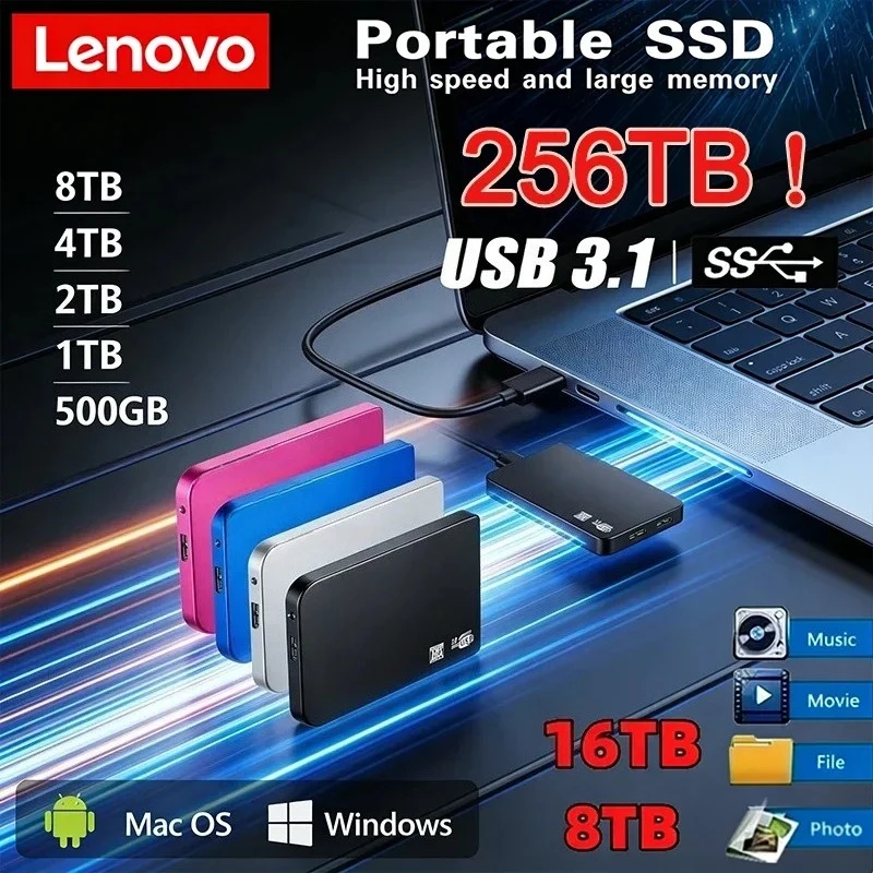 

Портативный SSD-накопитель Lenovo с USB 3.0, высокоскоростная передача данных, большой объем памяти от 2 ТБ до 64 ТБ, обеспечивает огромную емкость хранения.